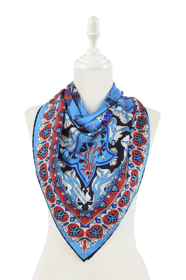 Turkuaz Türk Motifli Çintemani Karanfil Desen İpeksi Eşarp - 2