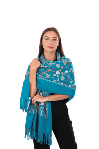Cyan Embroidered Winter Shawl 