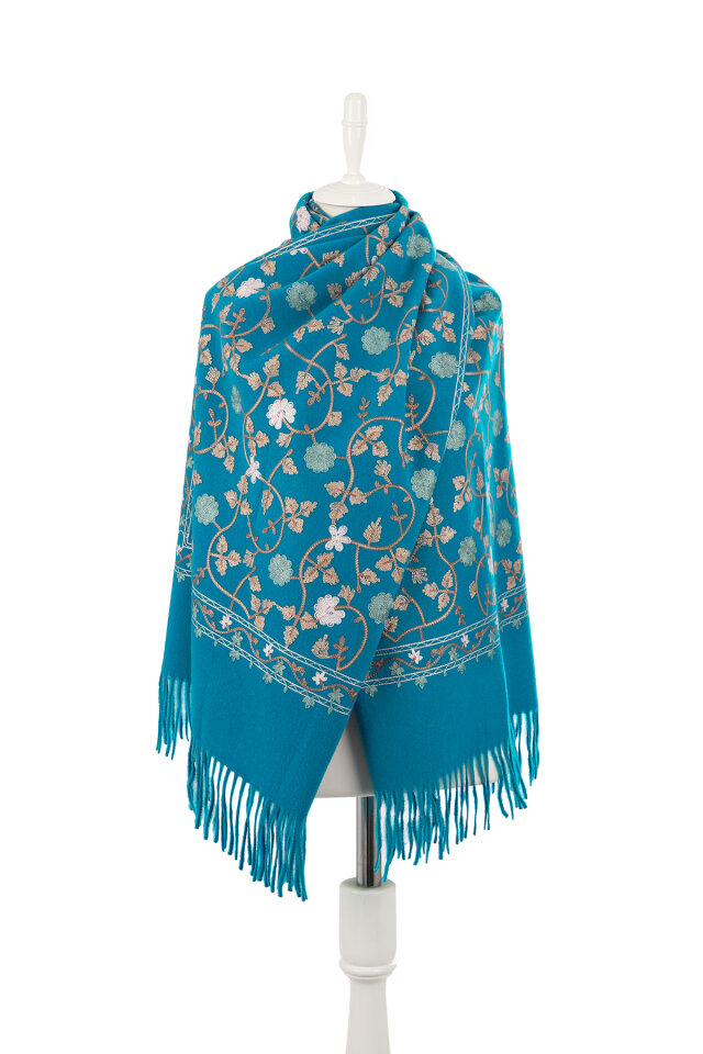 Cyan Embroidered Winter Shawl - 2