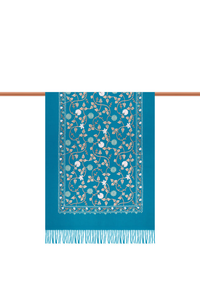 Cyan Embroidered Winter Shawl - 3