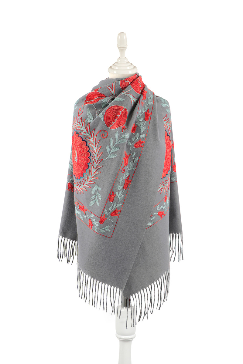 Smoke Embroidered Winter Shawl - Bursa İpek