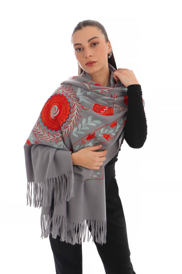 Smoke Embroidered Winter Shawl - 2