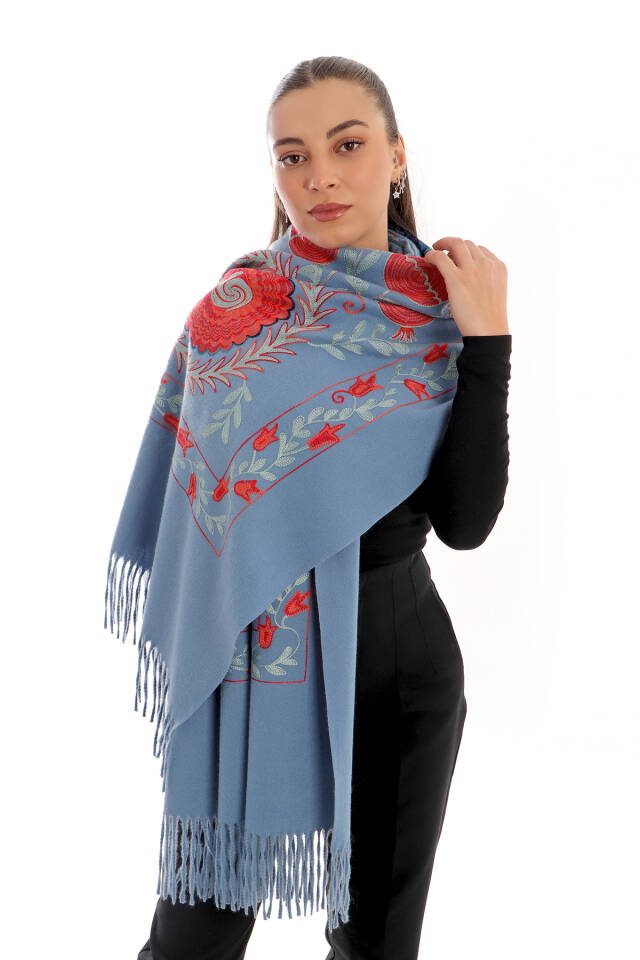Indigo Embroidered Winter Shawl - 2