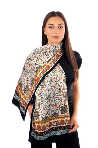 Black Ivy Pattern Narrow Silk Scarf 