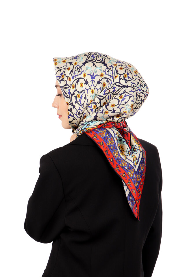 Navy Blue Ivy Pattern Sura Silk Scarf - 2