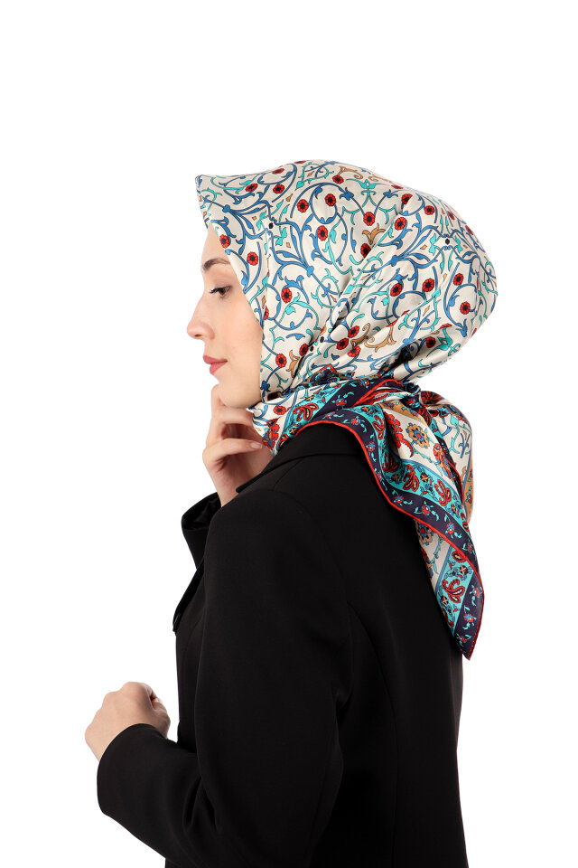 Petrol Blue Ivy Pattern Sura Silk Scarf - 2