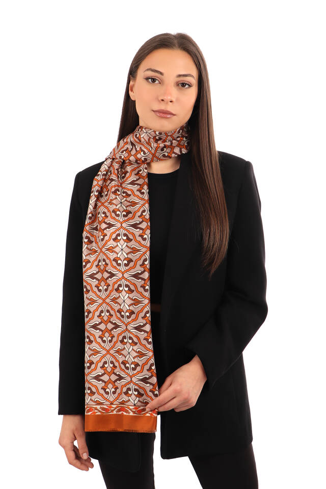 Cinnamon Ivy Pattern Voile Silk Scarf - Bursa İpek