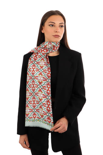 Aqua Green Ivy Pattern Voile Silk Scarf 