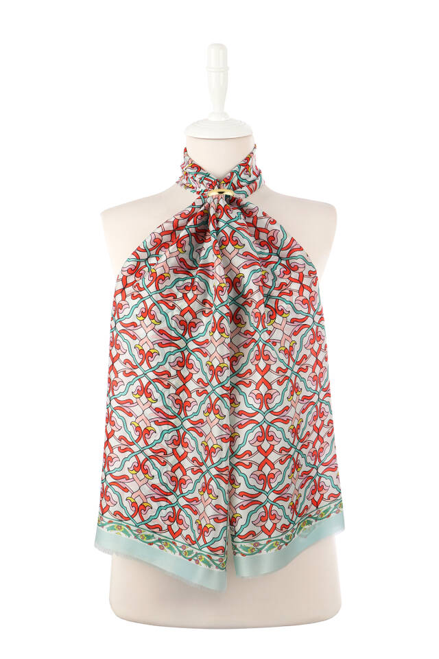Aqua Green Ivy Pattern Voile Silk Scarf - 2