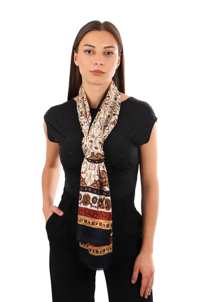 Beige Ivy Pattern Narrow Silk Scarf 