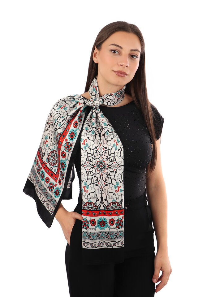 Black Ivy Pattern Narrow Silk Scarf 