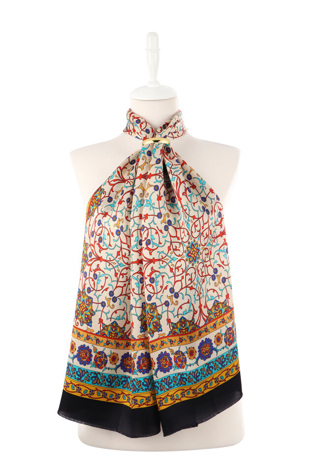 Gold Ivy Pattern Narrow Silk Scarf - 2