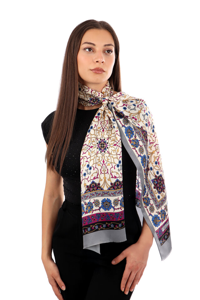 Gray Ivy Pattern Narrow Silk Scarf 