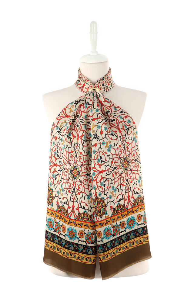 Khaki Ivy Pattern Narrow Silk Scarf - 2