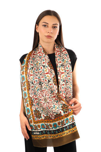 Khaki Ivy Pattern Narrow Silk Scarf 