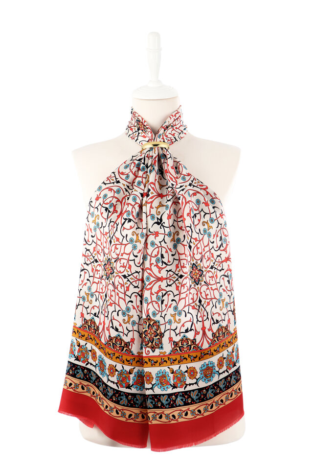 Burgundy Ivy Pattern Narrow Silk Scarf - 2