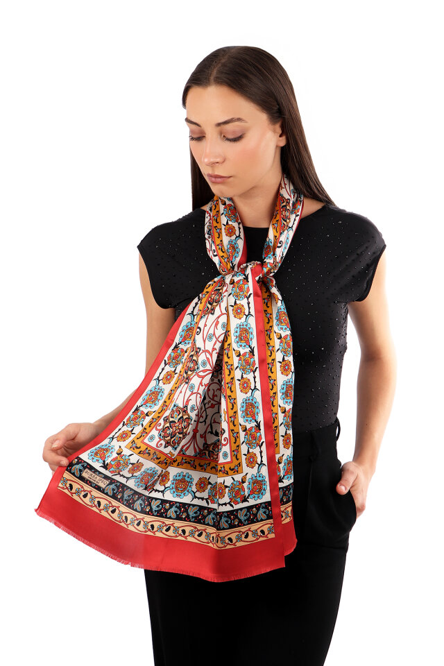 Burgundy Ivy Pattern Narrow Silk Scarf 