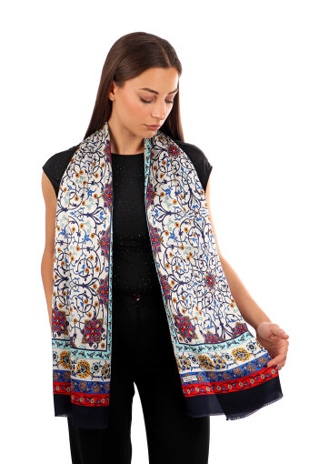 Navy Blue Ivy Pattern Narrow Silk Scarf 