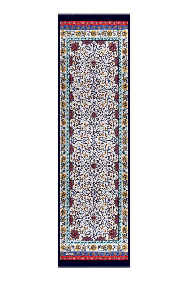 Navy Blue Ivy Pattern Narrow Silk Scarf - 4