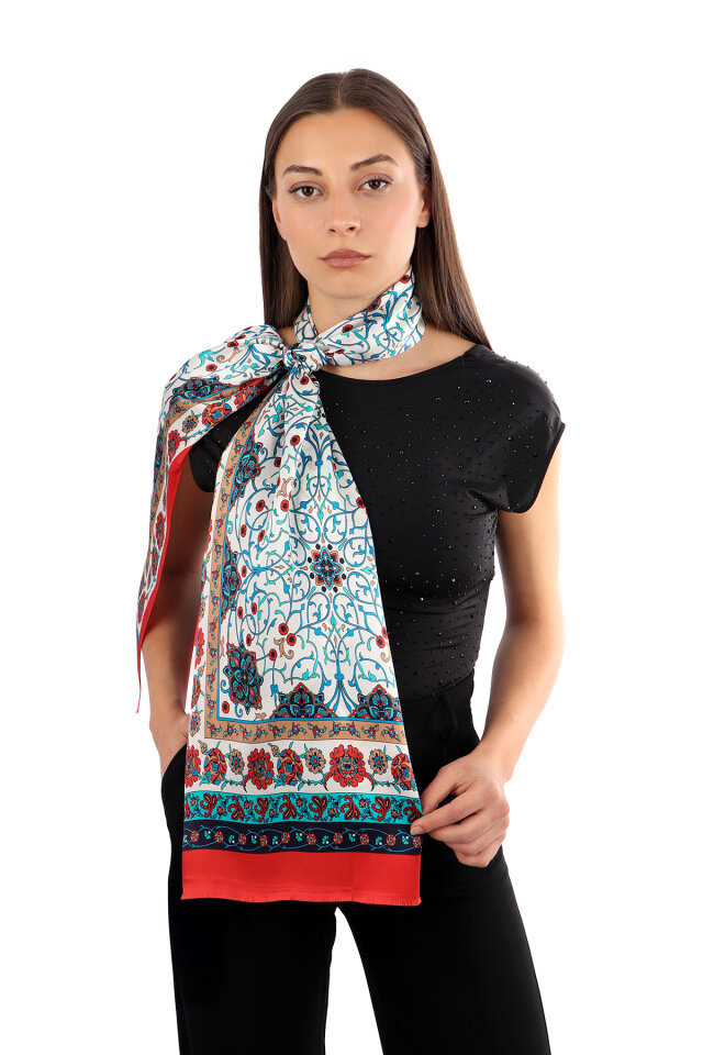 Red Ivy Pattern Narrow Silk Scarf 