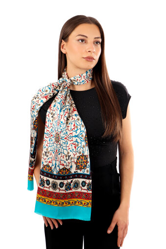 Turquoise Ivy Pattern Narrow Silk Scarf 