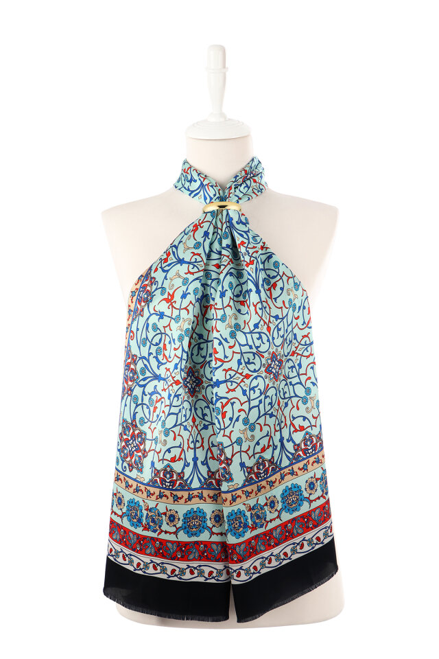 Aqua Green Ivy Pattern Narrow Silk Scarf - 2