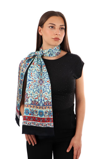 Aqua Green Ivy Pattern Narrow Silk Scarf 