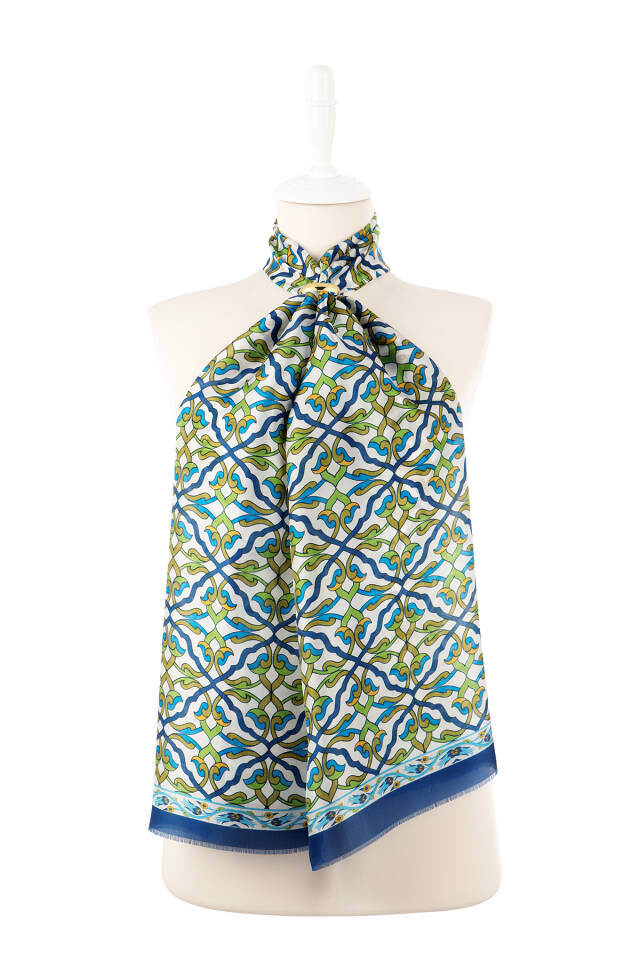 Navy Blue Ivy Pattern Voile Silk Scarf - 2