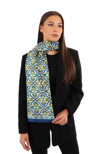 Navy Blue Ivy Pattern Voile Silk Scarf 