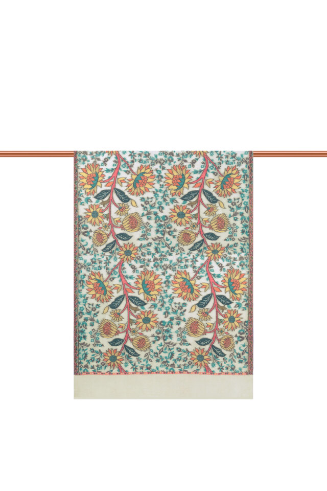 Krem Jakar Desenli Yün Şal - 2