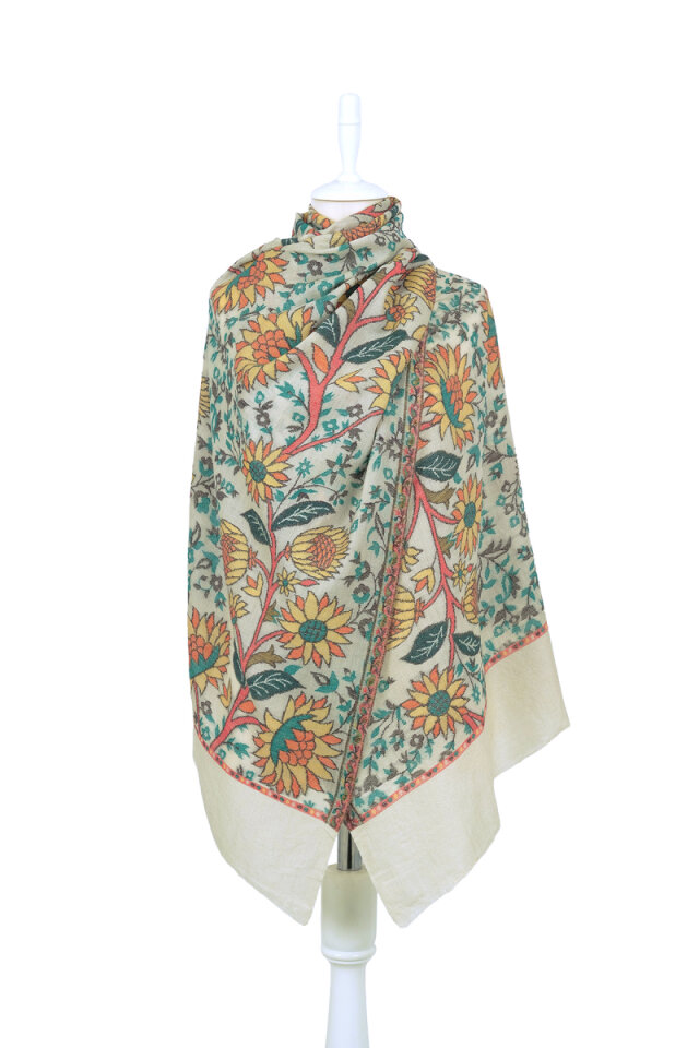 Krem Jakar Desenli Yün Şal - Bursa İpek