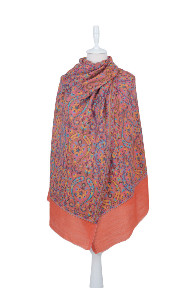 Turuncu Jakar Desenli Yün Şal - Bursa İpek