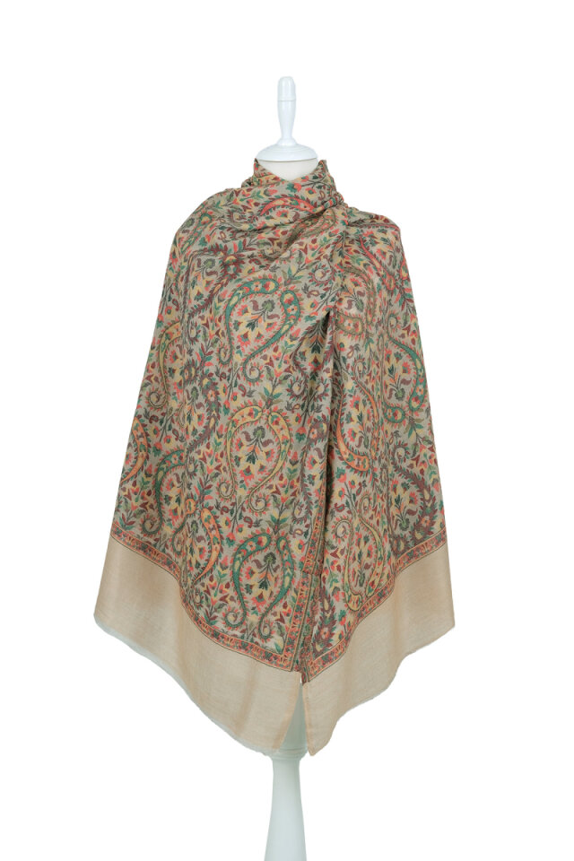 Sütlü Kahve Jakar Desenli Yün Şal - Bursa İpek