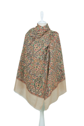 Sütlü Kahve Jakar Desenli Yün Şal 