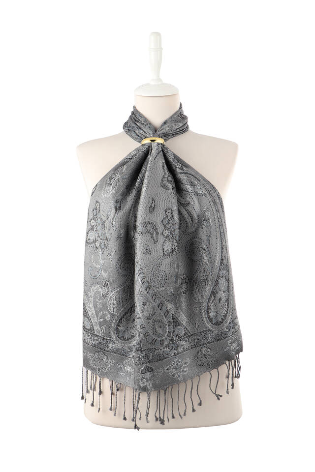 Gri İndigo Jamawar Dokuma İpek Fular - Bursa İpek