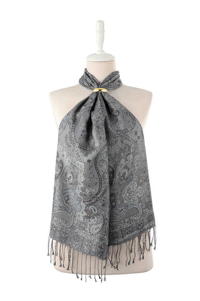 Gri İndigo Jamawar Dokuma İpek Fular - Bursa İpek