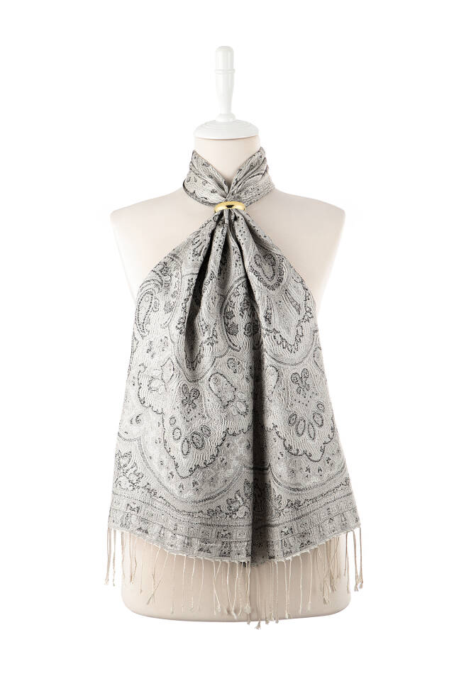 Gri Siyah Jamawar Dokuma İpek Fular - Bursa İpek