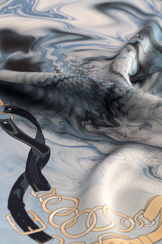 Mavi Kemer Desen Sura İpek Eşarp - 3