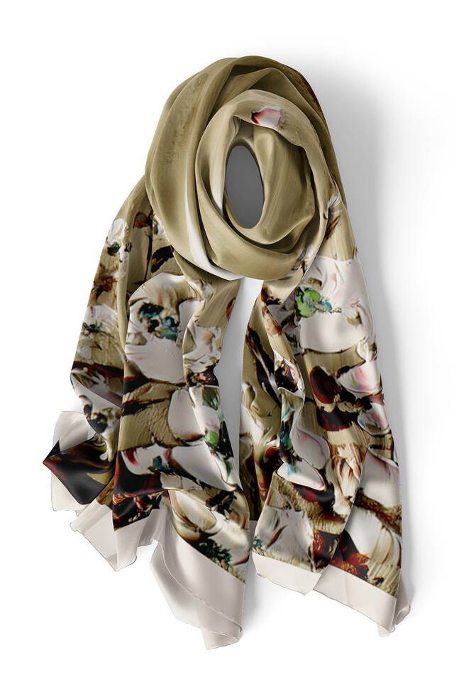 Khaki Anemone Pattern Silk Foulard - 3
