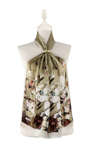 Khaki Anemone Pattern Silk Foulard 