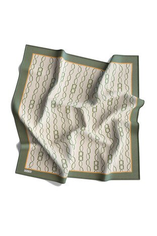 Khaki Chain Pattern Twill Silk Square Scarf - Thumbnail
