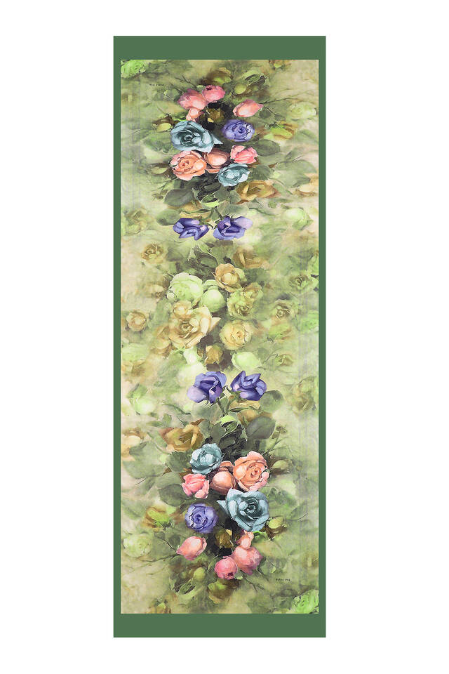 Khaki Flower Pattern Silky Scarf - 4