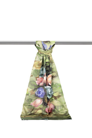 Khaki Flower Pattern Silky Scarf 