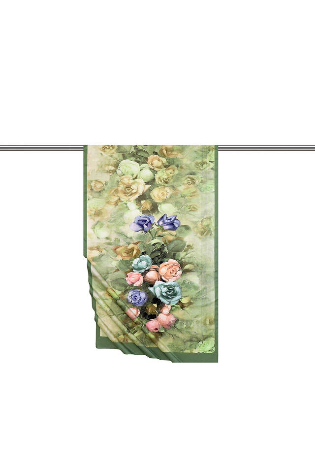 Khaki Flower Pattern Silky Scarf - 3
