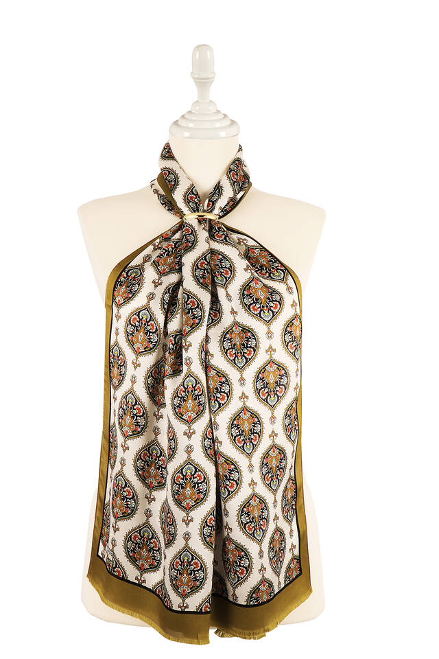 Khaki Hatai Pattern Silk Foulard - Bursa İpek