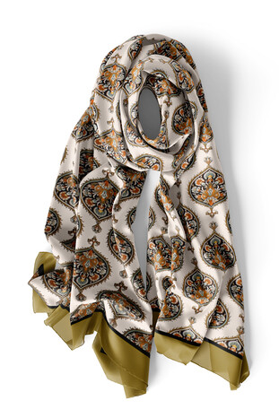 Khaki Hatai Pattern Silk Foulard - Thumbnail