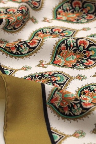 Khaki Hatai Pattern Silk Square Scarf - Thumbnail