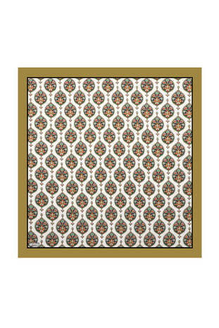 Khaki Hatai Pattern Silk Square Scarf - Thumbnail