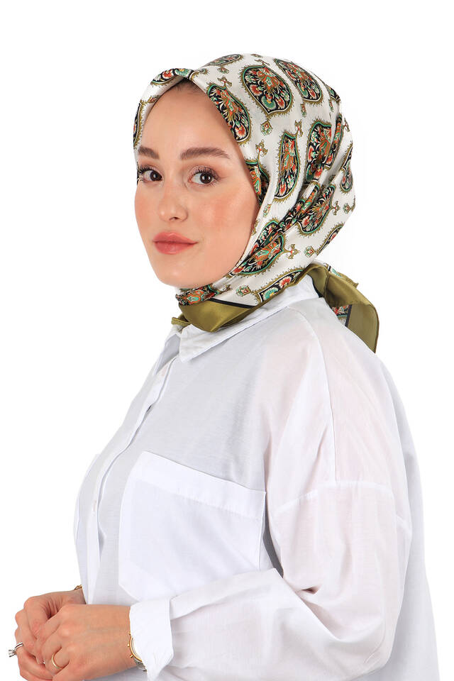 Khaki Hatai Pattern Silk Square Scarf - 2