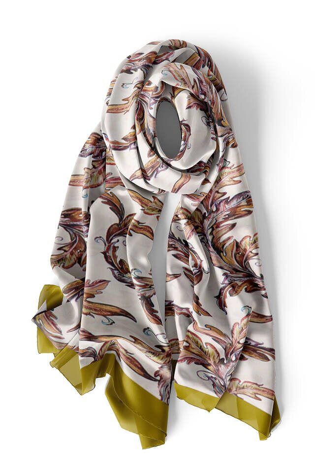 Khaki Leaf Pattern Silk Scarf - 3